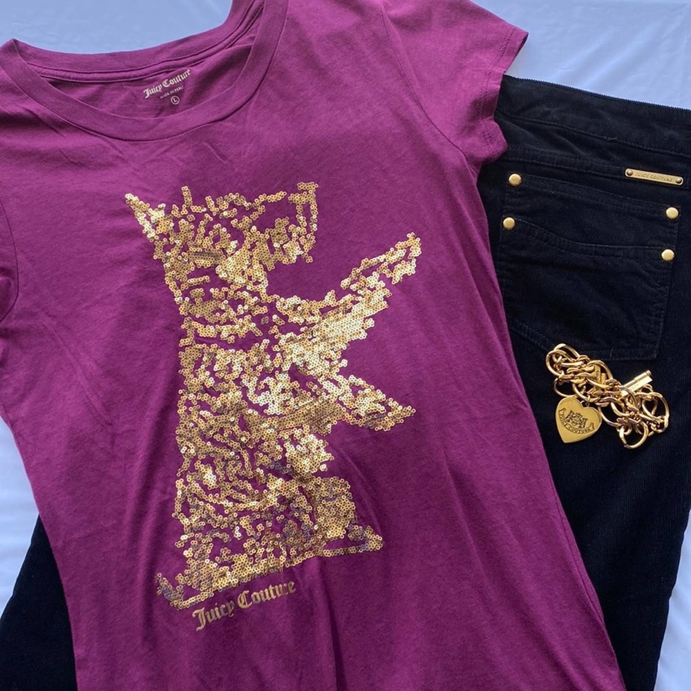 Juicy Couture Wine Red Burgundy Color Tee with Gold Sequin Dog - L